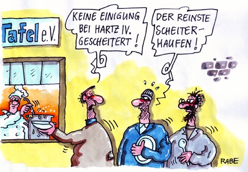 Cartoon: Reinste Scheiterhaufen (medium) by RABE tagged koalition,koalitionsverhandlung,hartz,iv,verhandlung,sozialhilfe,arbeitsagentur,jobcenter,geld,euro,krise,bundesarbeitsministerin,von,der,leyen,cdu,fdp,spd,schwarz,gelb,kanzlerin,bildungschips,tafel,suppenküche,koch,kelle,teller,löffel,eintopf,männer,scheiterhaufen,scheitern,ergebnislos,kompromiss,bundesländer,minister,armut,koalition,koalitionsverhandlung,hartz,verhandlung,sozialhilfe,jobcenter,arbeit,job,arbeitslosigkeit