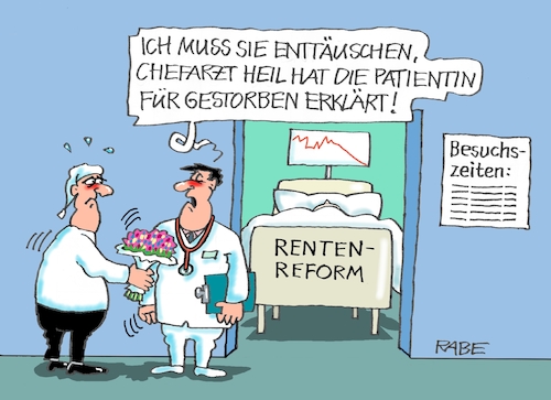 Cartoon: Rentenreform (medium) by RABE tagged ampel,ampelregierung,rot,grün,gelb,fdp,spd,grüne,rabe,ralf,böhme,cartoon,karikatur,pressezeichnung,farbcartoon,tagescartoon,inflation,einkommen,rente,rentenpaket,bruch,streit,neuwahlen,rentenreform,hubertus,heil,sozialminister,rentner,karankenhaus,doktor,arzt,chefarzt,michel,blumen,intensivstation,krankenbett,tod,ampel,ampelregierung,rot,grün,gelb,fdp,spd,grüne,rabe,ralf,böhme,cartoon,karikatur,pressezeichnung,farbcartoon,tagescartoon,inflation,einkommen,rente,rentenpaket,bruch,streit,neuwahlen,rentenreform,hubertus,heil,sozialminister,rentner,karankenhaus,doktor,arzt,chefarzt,michel,blumen,intensivstation,krankenbett,tod