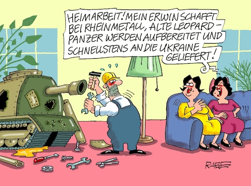 Cartoon: Rheines Metall (medium) by RABE tagged ukraine,ukrainekrieg,russland,putin,selenskyj,panzer,rheinmetall,leopard,rabe,ralf,böhme,cartoon,karikatur,pressezeichnung,farbcartoon,tagescartoon,leopardpanzer,aufrüstung,aufarbeitung,lieferung,rüstungskonzern,rüstungsbetrieb,metaller,heimarbeit,homeoffice,wohnzimmer,ukraine,ukrainekrieg,russland,putin,selenskyj,panzer,rheinmetall,leopard,rabe,ralf,böhme,cartoon,karikatur,pressezeichnung,farbcartoon,tagescartoon,leopardpanzer,aufrüstung,aufarbeitung,lieferung,rüstungskonzern,rüstungsbetrieb,metaller,heimarbeit,homeoffice,wohnzimmer