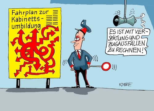 Cartoon: Schaffner Merz (medium) by RABE tagged merz,kanzler,koalition,union,spd,klingbeil,cartoon,karikatur,pressezeichnung,farbcartoon,tagescartoon,db,bahn,frühling,frühjahr,frühjahrsputz,ice,zug,blumenkasten,blumenkästen,esc,songcontest,fahrplan,streckenverlauf,verspätung,kabinett,kabinettsumbau,umbau,neubau,postenvergabe,ministerposten,merz,kanzler,koalition,union,spd,klingbeil,cartoon,karikatur,pressezeichnung,farbcartoon,tagescartoon,db,bahn,frühling,frühjahr,frühjahrsputz,ice,zug,blumenkasten,blumenkästen,esc,songcontest,fahrplan,streckenverlauf,verspätung,kabinett,kabinettsumbau,umbau,neubau,postenvergabe,ministerposten
