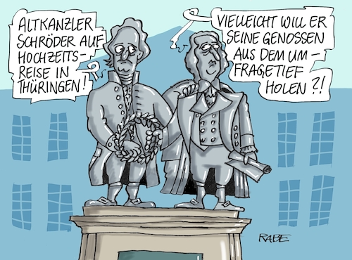 Cartoon: Schröder in Thüringen (medium) by RABE tagged spd,nahles,umfragewerte,afd,wählergunst,prozent,rabe,ralf,böhme,cartoon,karikatur,pressezeichnung,farbcartoon,tagescartoon,baum,raben,tante,scholz,groko,koalitionsstreit,asylstreit,asylkompromiss,altkanzler,gerhard,schröder,hochzeitsreise,hochzeit,thüringen,weimar,elephant,buchenwald,dresden,meißen,spd,nahles,umfragewerte,afd,wählergunst,prozent,rabe,ralf,böhme,cartoon,karikatur,pressezeichnung,farbcartoon,tagescartoon,baum,raben,tante,scholz,groko,koalitionsstreit,asylstreit,asylkompromiss,altkanzler,gerhard,schröder,hochzeitsreise,hochzeit,thüringen,weimar,elephant,buchenwald,dresden,meißen