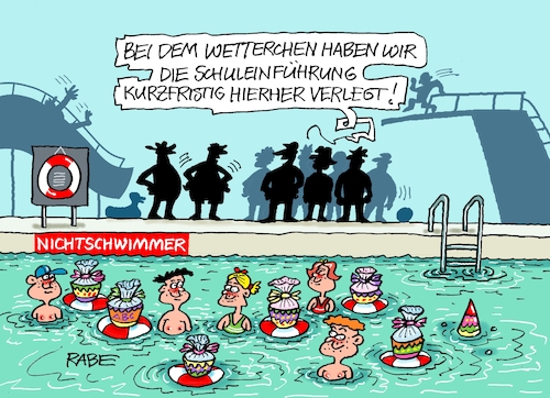 Cartoon: Schulanfangsfeierlichkeit (medium) by RABE tagged merz,kanzler,koalition,union,spd,klingbeil,cartoon,karikatur,pressezeichnung,farbcartoon,tagescartoon,db,bahn,frühling,frühjahr,frühjahrsputz,ice,zug,blumenkasten,blumenkästen,esc,songcontest,bildung,schulstart,schulanfang,einschulung,zuckertüte,feier,freibad,schwimmbad,schwimmbecken,klima,sommer,hitze,merz,kanzler,koalition,union,spd,klingbeil,cartoon,karikatur,pressezeichnung,farbcartoon,tagescartoon,db,bahn,frühling,frühjahr,frühjahrsputz,ice,zug,blumenkasten,blumenkästen,esc,songcontest,bildung,schulstart,schulanfang,einschulung,zuckertüte,feier,freibad,schwimmbad,schwimmbecken,klima,sommer,hitze