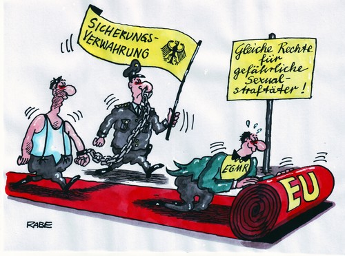 Cartoon: Sexualstraftäter (medium) by RABE tagged recht,ordnung,justiz,justizia,richter,gericht,strafvollzugsanstalt,strafvollzugsbeamter,polizei,handschellen,nasenring,roter,teppich,eu,euro,europäischer,gerichtshof,für,menschenrechte,gefängnis,brüssel,innenminister,knast,gitterstäbe,sicherungsverwahrung,gutachter,kinderschänder,sexualstraftäter,bundesregierung,schutz,polizeiuniform,ordnung,justizia,richter,justiz,gericht,strafvollzugsanstalt,strafvollzugsbeamter,polizei