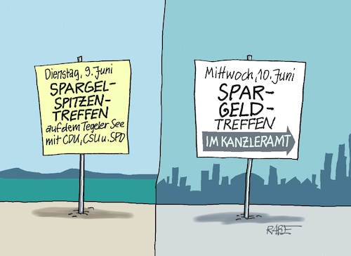 Cartoon: Spargeltreffen (medium) by RABE tagged merz,kanzler,koalition,union,spd,klingbeil,cartoon,karikatur,pressezeichnung,farbcartoon,tagescartoon,db,bahn,frühling,frühjahr,frühjahrsputz,ice,zug,blumenkasten,blumenkästen,esc,songcontest,tegler,see,spargelessen,spargelsaison,tradition,spargelspitzen,spitzentreffen,kanzleramt,reformen,reformpaket,sparer,geldsparer,merz,kanzler,koalition,union,spd,klingbeil,cartoon,karikatur,pressezeichnung,farbcartoon,tagescartoon,db,bahn,frühling,frühjahr,frühjahrsputz,ice,zug,blumenkasten,blumenkästen,esc,songcontest,tegler,see,spargelessen,spargelsaison,tradition,spargelspitzen,spitzentreffen,kanzleramt,reformen,reformpaket,sparer,geldsparer