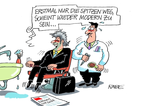 Cartoon: Spitzen weg (medium) by RABE tagged ampel,ampelregierung,rot,grün,gelb,fdp,spd,grüne,rabe,ralf,böhme,cartoon,karikatur,pressezeichnung,farbcartoon,tagescartoon,inflation,einkommen,rente,rentenpaket,bruch,streit,neuwahlen,rücktritt,auflösung,parteispitze,generalsekretär,kevin,kühnert,frisör,kunde,friseur,frisörsalon,haare,haarschneider,ampel,ampelregierung,rot,grün,gelb,fdp,spd,grüne,rabe,ralf,böhme,cartoon,karikatur,pressezeichnung,farbcartoon,tagescartoon,inflation,einkommen,rente,rentenpaket,bruch,streit,neuwahlen,rücktritt,auflösung,parteispitze,generalsekretär,kevin,kühnert,frisör,kunde,friseur,frisörsalon,haare,haarschneider