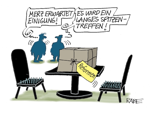 Cartoon: Spitzengespräch (medium) by RABE tagged merz,kanzler,koalition,union,spd,klingbeil,cartoon,karikatur,pressezeichnung,farbcartoon,tagescartoon,db,bahn,frühling,frühjahr,frühjahrsputz,ice,zug,blumenkasten,blumenkästen,esc,songcontest,spitzen,spitzentreffen,spitzengespräch,kanzleramt,rente,reform,reformpaket,steuern,pflege,zustimmung,nägel,nagelbrett,merz,kanzler,koalition,union,spd,klingbeil,cartoon,karikatur,pressezeichnung,farbcartoon,tagescartoon,db,bahn,frühling,frühjahr,frühjahrsputz,ice,zug,blumenkasten,blumenkästen,esc,songcontest,spitzen,spitzentreffen,spitzengespräch,kanzleramt,rente,reform,reformpaket,steuern,pflege,zustimmung,nägel,nagelbrett