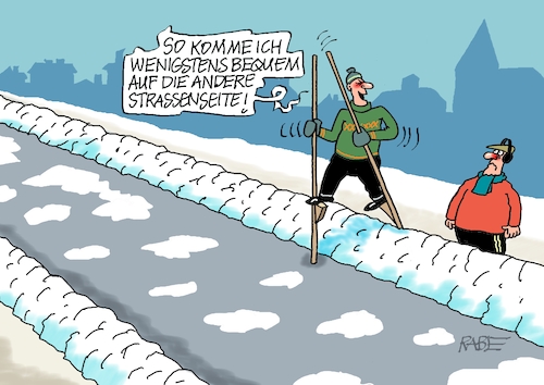 Cartoon: Stelzenlauf (medium) by RABE tagged kälte,winter,frost,eis,schnee,wetter,wetterbericht,eisglätte,dauerfrost,cartoon,karikatur,rabe,ralf,böhme,tageszeichnung,farbcartoon,pressezeichnung,feuerwehr,kind,eisen,metall,zunge,klima,klimakleber,stelzen,schneewehe,schneeberge,schneepflug,straße,straßenüberquerung,stelze,kälte,winter,frost,eis,schnee,wetter,wetterbericht,eisglätte,dauerfrost,cartoon,karikatur,rabe,ralf,böhme,tageszeichnung,farbcartoon,pressezeichnung,feuerwehr,kind,eisen,metall,zunge,klima,klimakleber,stelzen,schneewehe,schneeberge,schneepflug,straße,straßenüberquerung,stelze