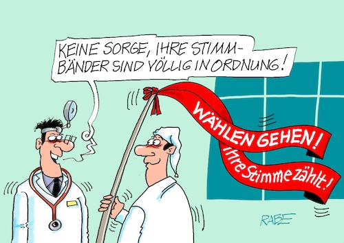 Cartoon: Stimmbänder (medium) by RABE tagged landtagswahl,thüringen,septemper,cdu,afd,mario,voigt,bernd,höcke,tv,duell,fernsehduell,rabe,ralf,böhme,cartoon,karikatur,pressezeichnung,farbcartoon,tagescartoon,sachsen,hno,arzt,stimmbänder,landtagswahl,thüringen,septemper,cdu,afd,mario,voigt,bernd,höcke,tv,duell,fernsehduell,rabe,ralf,böhme,cartoon,karikatur,pressezeichnung,farbcartoon,tagescartoon,sachsen,hno,arzt,stimmbänder