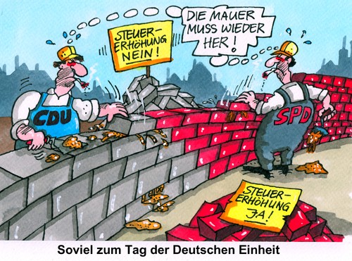 Cartoon: Tag der Deutschen Einheit (medium) by RABE tagged bundesregierung,regierungsbildung,union,bundestagswahl,koalition,koalitionsgespräche,koalitionsrunde,merkel,cdu,kanzlerin,spd,gabriel,csu,seehofer,grüne,steuern,steuererhöhung,gauck,bundespräsident,einigung,rabe,ralf,böhme,cartoon,karikatur,pressezeichnung,farbcartoon,einheit,tag,der,deutschen,mauer,mauerbau,mauerfall,ulbricht,wende,grenze,grenzer,sed,ddr,schiessbefehl,stacheldraht,maurer,kelle,ziegel,beton,zement,bundesregierung,regierungsbildung,union,bundestagswahl,koalition,koalitionsgespräche,koalitionsrunde,merkel,cdu,kanzlerin,spd,gabriel,csu,seehofer,grüne,steuern,steuererhöhung,gauck,bundespräsident,einigung,rabe,ralf,böhme,cartoon,karikatur,pressezeichnung,farbcartoon,einheit,tag,der,deutschen,mauer,mauerbau,mauerfall,ulbricht,wende,grenze,grenzer,sed,ddr,schiessbefehl,stacheldraht,maurer,kelle,ziegel,beton,zement
