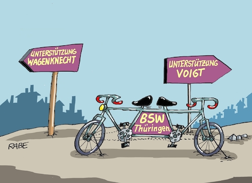 Cartoon: Tandemfahrer (medium) by RABE tagged merz,kanzler,koalition,union,spd,klingbeil,cartoon,karikatur,pressezeichnung,farbcartoon,tagescartoon,db,bahn,frühling,frühjahr,frühjahrsputz,ice,zug,blumenkasten,blumenkästen,esc,songcontest,tandem,fahrrad,wegweiser,bsw,brombeerkoalition,thüringen,voigt,bruch,austritt,wagenknecht,wolf,richtungswechsel,merz,kanzler,koalition,union,spd,klingbeil,cartoon,karikatur,pressezeichnung,farbcartoon,tagescartoon,db,bahn,frühling,frühjahr,frühjahrsputz,ice,zug,blumenkasten,blumenkästen,esc,songcontest,tandem,fahrrad,wegweiser,bsw,brombeerkoalition,thüringen,voigt,bruch,austritt,wagenknecht,wolf,richtungswechsel