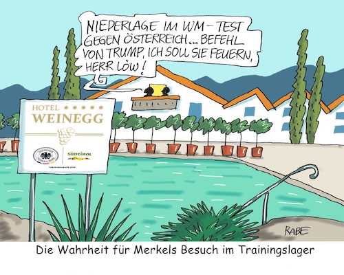 Cartoon: Trainingslager (medium) by RABE tagged löw,trainingslager,hotel,weinegg,südtirol,merkel,besuch,rabe,ralf,böhme,cartoon,karikatur,pressezeichnung,farbcartoon,tagescartoon,manschaft,wm,fußball,österreich,niederlage,testspiel,trump,gefeuert,anordnung,rausschmiss,bundestrainer,löw,trainingslager,hotel,weinegg,südtirol,merkel,besuch,rabe,ralf,böhme,cartoon,karikatur,pressezeichnung,farbcartoon,tagescartoon,manschaft,wm,fußball,österreich,niederlage,testspiel,trump,gefeuert,anordnung,rausschmiss,bundestrainer