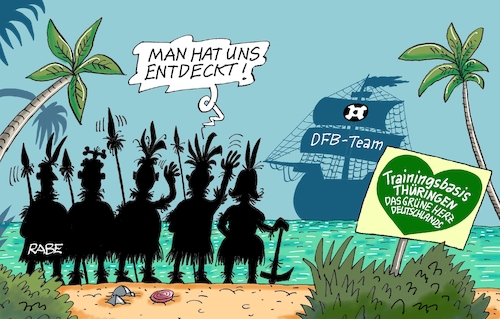 Cartoon: Trainingslager DFB (medium) by RABE tagged fußball,em,wm,meisterschaft,schweiz,frauen,frauenfußball,spielerin,rabe,ralf,böhme,cartoon,karikatur,pressezeichnung,farbcartoon,spielplan,paarung,tv,live,uefa,sportschau,training,trainingslager,trainingsbasis,thüringen,blankenhain,hotel,golfplatz,spieler,fußballer,sport,insel,kolombus,entdeckungen,eingeborene,herz,grün,fußball,em,wm,meisterschaft,schweiz,frauen,frauenfußball,spielerin,rabe,ralf,böhme,cartoon,karikatur,pressezeichnung,farbcartoon,spielplan,paarung,tv,live,uefa,sportschau,training,trainingslager,trainingsbasis,thüringen,blankenhain,hotel,golfplatz,spieler,fußballer,sport,insel,kolombus,entdeckungen,eingeborene,herz,grün