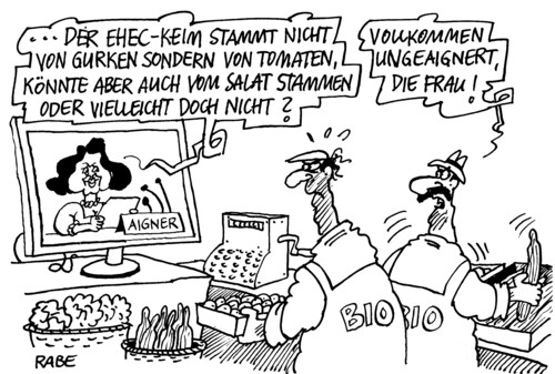 Cartoon: Ungeaignertes (medium) by RABE tagged aigner,verbraucherschutzministerin,landwirtschaftsminister,csu,bundesregierung,verbraucherschutz,umweltschutz,verbraucherschutzzentrale,biobauern,bioprodukte,kanzlerin,merkel,euro,krise,ehec,keim,darmkeim,bakterien,seuche,epedemie,gurken,tomaten,salat,gemüse,bauern,vegetarier,täuschung,unwahrheit,eu,brüssel,darmseuche,spanien,verzehr,verdachtsfälle,gesundheit,gesundheitskommission,niedersachsen,blattsalat,salatgurken,informationspolitik,aigner,verbraucherschutzministerin,landwirtschaftsminister,csu,bundesregierung