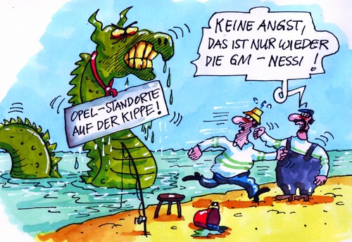 Cartoon: Ungeheuerliches (medium) by RABE tagged generalmotors,tochterunternehmen,usa,gm,betriebsrat,corsa,astra,werksschließung,standortschließung,standort,mutterkonzern,kippe,management,spekulationen,port,ellesmere,schließung,eisenach,bochum,automobilwerk,strand,angler,schwimmsaurier,saurier,seeschlange,seeungeheuer,ungeheuer,see,schottland,lochness,nessi,stellenstreichung,lohnverzicht,opel,opel,standort,standortschließung,werksschließung,astra,corsa,betriebsrat