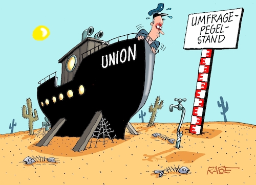 Cartoon: Union Pegelstand (medium) by RABE tagged merz,kanzler,koalition,union,spd,klingbeil,cartoon,karikatur,pressezeichnung,farbcartoon,tagescartoon,db,bahn,frühling,frühjahr,frühjahrsputz,ice,zug,blumenkasten,blumenkästen,esc,songcontest,pegel,pegelstand,wasserstand,hitze,trockenheit,boot,kapitän,umfragewerte,umfragetief,flussbett,landtagswahl,sachsen,anhalt,afd,merz,kanzler,koalition,union,spd,klingbeil,cartoon,karikatur,pressezeichnung,farbcartoon,tagescartoon,db,bahn,frühling,frühjahr,frühjahrsputz,ice,zug,blumenkasten,blumenkästen,esc,songcontest,pegel,pegelstand,wasserstand,hitze,trockenheit,boot,kapitän,umfragewerte,umfragetief,flussbett,landtagswahl,sachsen,anhalt,afd