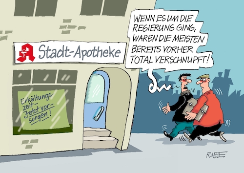 Cartoon: Verschnupft (medium) by RABE tagged ampel,ampelregierung,rot,grün,gelb,fdp,spd,grüne,rabe,ralf,böhme,cartoon,karikatur,pressezeichnung,farbcartoon,tagescartoon,inflation,einkommen,rente,rentenpaket,bruch,streit,neuwahlen,vertrauensfrage,landtagswahl,erkältung,schnupfen,apotheke,ampel,ampelregierung,rot,grün,gelb,fdp,spd,grüne,rabe,ralf,böhme,cartoon,karikatur,pressezeichnung,farbcartoon,tagescartoon,inflation,einkommen,rente,rentenpaket,bruch,streit,neuwahlen,vertrauensfrage,landtagswahl,erkältung,schnupfen,apotheke