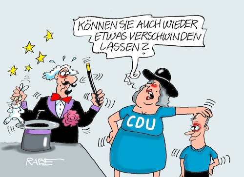 Cartoon: Verschwindikus (medium) by RABE tagged merz,kanzler,koalition,union,spd,klingbeil,cartoon,karikatur,pressezeichnung,farbcartoon,tagescartoon,db,bahn,frühling,frühjahr,frühjahrsputz,ice,zug,blumenkasten,blumenkästen,esc,songcontest,umfragetief,beliebtheit,parteigenossen,rücktritt,wahlniederlage,sachsen,anhalt,afd,siegmund,wahlprognose,zauberei,magier,zauberer,zylinder,kaninchen,zaubertrick,merz,kanzler,koalition,union,spd,klingbeil,cartoon,karikatur,pressezeichnung,farbcartoon,tagescartoon,db,bahn,frühling,frühjahr,frühjahrsputz,ice,zug,blumenkasten,blumenkästen,esc,songcontest,umfragetief,beliebtheit,parteigenossen,rücktritt,wahlniederlage,sachsen,anhalt,afd,siegmund,wahlprognose,zauberei,magier,zauberer,zylinder,kaninchen,zaubertrick