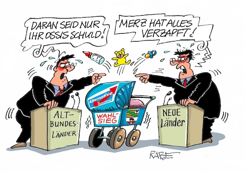 Cartoon: Vorwürfe (medium) by RABE tagged merz,kanzler,koalition,union,spd,klingbeil,cartoon,karikatur,pressezeichnung,farbcartoon,tagescartoon,db,bahn,frühling,frühjahr,frühjahrsputz,ice,zug,blumenkasten,blumenkästen,esc,songcontest,landtagswahl,sachsen,anhalt,wahlsieg,afd,rechte,vorwürfe,ossi,wessi,westen,osten,rednerpult,schuld,schuldzuweisung,kinderwagen,merz,kanzler,koalition,union,spd,klingbeil,cartoon,karikatur,pressezeichnung,farbcartoon,tagescartoon,db,bahn,frühling,frühjahr,frühjahrsputz,ice,zug,blumenkasten,blumenkästen,esc,songcontest,landtagswahl,sachsen,anhalt,wahlsieg,afd,rechte,vorwürfe,ossi,wessi,westen,osten,rednerpult,schuld,schuldzuweisung,kinderwagen