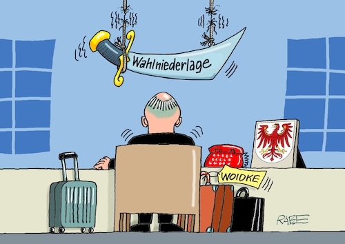 Cartoon: Woidke (medium) by RABE tagged landtagswahl,thüringen,septemper,cdu,afd,mario,voigt,bernd,höcke,tv,duell,fernsehduell,rabe,ralf,böhme,cartoon,karikatur,pressezeichnung,farbcartoon,tagescartoon,sachsen,wechselwähler,chamäleon,woidke,brandenburg,rücktritt,damoklesschwert,landtagswahl,thüringen,septemper,cdu,afd,mario,voigt,bernd,höcke,tv,duell,fernsehduell,rabe,ralf,böhme,cartoon,karikatur,pressezeichnung,farbcartoon,tagescartoon,sachsen,wechselwähler,chamäleon,woidke,brandenburg,rücktritt,damoklesschwert