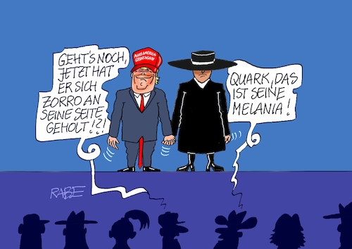 Cartoon: Zorro im Amt (medium) by RABE tagged donald,trump,kamala,harris,präsidentschaftswahl,usa,wahlkampf,joe,biden,rabe,ralf,böhme,cartoon,karikatur,pressezeichnung,farbcartoon,tagescartoon,mc,donalds,burger,zorro,degen,mantel,melania,ehefrau,amtsübernahme,dekret,dekretflut,ball,eröffnung,hut,donald,trump,kamala,harris,präsidentschaftswahl,usa,wahlkampf,joe,biden,rabe,ralf,böhme,cartoon,karikatur,pressezeichnung,farbcartoon,tagescartoon,mc,donalds,burger,zorro,degen,mantel,melania,ehefrau,amtsübernahme,dekret,dekretflut,ball,eröffnung,hut