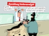 Cartoon: Bababanküberfall (small) by RABE tagged merz,kanzler,koalition,union,spd,klingbeil,cartoon,karikatur,pressezeichnung,farbcartoon,tagescartoon,bürokratie,verwaltung,beamte,modernisierung,monster,drachen,schwert,holzschwert,nägel,säge,finanzminister,lars,schulden,schuldenlöcher,haushalt,haushaltslöcher,staatsschulden,milliarden,schuldentopf,schuldenpaket,sondervermögen,vermögen,bank,banküberfall,knarre,pistole,geldsack,schalter,bankangestellter,überfall,raub,kohle