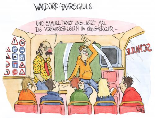 Cartoon: Waldorf-Fahrschule (medium) by mele tagged waldorf,tanzen,antroposophen,,waldorf,schule,tanzen,antroposophen,fahrschule,auto,vorfahrt,regeln,kreisverkehr,lehrer,schüler