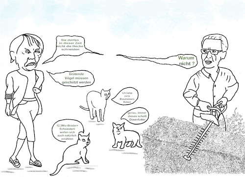 Cartoon: Vogelschutz für Katzenfutter (medium) by menschenskindergarten tagged schilda,vogelschutz,katzenfutter