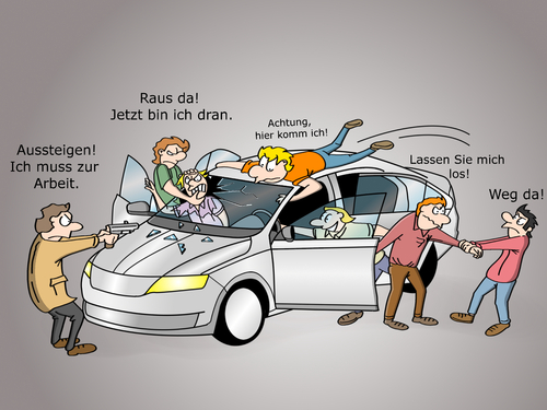 Cartoon: Carsharing (medium) by Cloud Science tagged carsharing,sharing,shareconomy,sharingeconomy,carsharing,sharing,shareconomy,sharingeconomy,menschen,autos,waffen,streit,drängeln