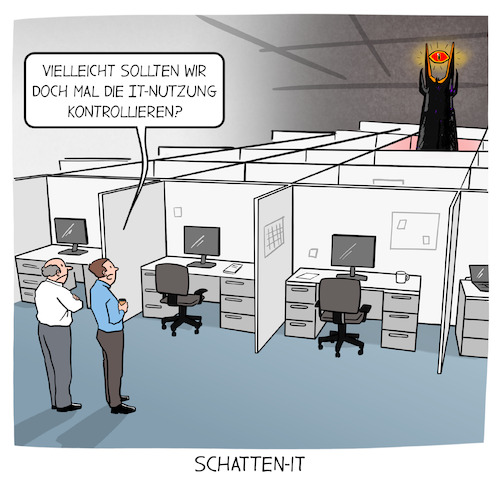 Cartoon: Schatten-IT (medium) by Cloud Science tagged it,sicherheit,cybersicherheit,fragmentierte,landschaft,schatten,unternehmens,datensicherheit,sicherheitslücken,management,risiko,compliance,digitale,bedrohung,bürohumor,großraumbüro,bürokabinen,cubicles,arbeitssicherheit,büroalltag,corporate,life,büroarchitektur,labyrinth,arbeitsstruktur,bürochaos,saurons,auge,herr,der,ringe,parodie,business,cartoon,satire,schwarzer,humor,überwachung,humorvolle,illustrationen,popkultur,referenz,fantasie,und,realität,dystopie,karikatur,cartoonzeichnung,ironische,illustration,witzige,zeichnung,humorvolles,design,unternehmenshumor,kreative,für,unternehmen,sicherheitsarchitektur,infrastruktur,datenfragmentierung,ki,digitalisierung,it,sicherheit,cybersicherheit,fragmentierte,landschaft,schatten,unternehmens,datensicherheit,sicherheitslücken,management,risiko,compliance,digitale,bedrohung,bürohumor,großraumbüro,bürokabinen,cubicles,arbeitssicherheit,büroalltag,corporate,life,büroarchitektur,labyrinth,arbeitsstruktur,bürochaos,saurons,auge,herr,der,ringe,parodie,business,cartoon,satire,schwarzer,humor,überwachung,humorvolle,illustrationen,popkultur,referenz,fantasie,und,realität,dystopie,karikatur,cartoonzeichnung,ironische,illustration,witzige,zeichnung,humorvolles,design,unternehmenshumor,kreative,für,unternehmen,sicherheitsarchitektur,infrastruktur,datenfragmentierung,ki,digitalisierung