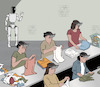 Cartoon: Roboter Training (small) by Cloud Science tagged robotertraining,kuenstlicheintelligenz,roboter,humanoide,humanoidroboter,arbeitswelt,zukunftderarbeit,automation,automatisierung,textilfabrik,kleidungsfabrik,kleidung,klamotten,falten,handarbeit,handgriffe,kopfkamera,daten,trainingsdaten,datenannotation,datenarbeit,clickwork,plattformarbeit,prekärearbeit,billigarbeit,niedriglohnarbeit,ausbeutung,arbeiterinnen,indien,ueberwachung,maschinenlernen,robotik,menschundmaschine,digitalearbeit,koerperarbeit,arbeitsdaten,technologie,sozialkritik,kameratraining,lernendemaschinen,ki,zukunft,lernen,maschine,mensch