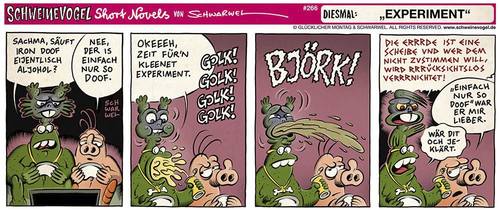 Cartoon: Schweinevogel Experiment (medium) by Schweinevogel tagged schwarwel,short,novel,funny,comic,comicstrip,schweinevogel,swampie,iron,doof,ausserirdische,kommunikation,alkohol,experimentieren,scheibenerde