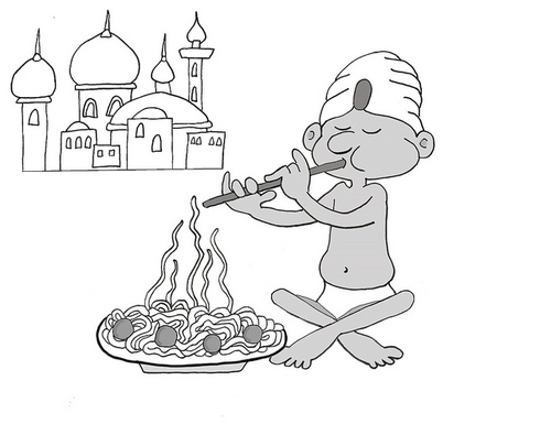 Cartoon: Spaghetti Charmer (medium) by fonimak tagged fakir,charmer,spaghetti,past,flute,cartoon