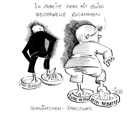 Cartoon: Fettnäpfchen-Parcours (medium) by tiede tagged fettnäpfchen,fehlentscheidungen,uno,beschluss,atomdiskussion,euro,rettung,merkel,westerwelle,fettnäpfchen,uno,atomdiskussion,atomkraft,merkel