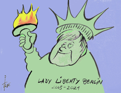 Cartoon: Lady Liberty Berlin (medium) by tiede tagged lady,liberty,merkel,kanzlerin,freiheitsstatue,new,york,tiede,cartoon,lady,liberty,merkel,kanzlerin,freiheitsstatue,new,york,tiede,cartoon