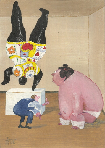 Cartoon: Niki de Saint Phalle auf Abwegen (medium) by tiede tagged bildhauerin,modell,sumo,atelier,phalle,saint,de,niki,niki de saint phalle,bildhauerin,model,niki,de,saint,phalle