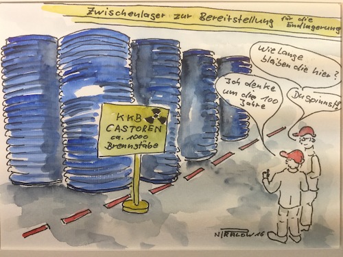 Cartoon: AKW Rückbau Probleme (medium) by Pralow tagged akw,rückbau,zwischenlager,endlager,castoren,10,microsievert,strahlenschutz,akw,rückbau,zwischenlager,endlager,castoren,10,microsievert,strahlenschutz,atomkraft