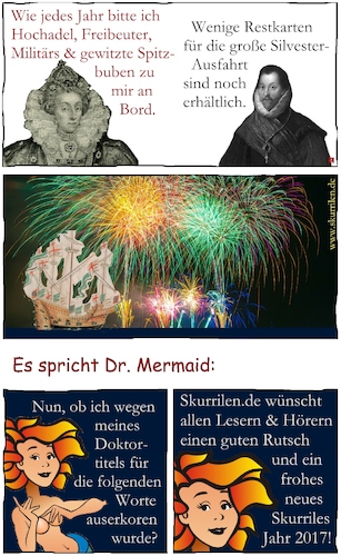 Cartoon: Frohes neues Jahr mit Königin (medium) by skurrilen tagged königin,elizabeth,pirat,freibeuter,francis,drake,skurril,silvester,segelschiff,neujahr,feuerwerk,comic,webcomic,satire,komisch,humor,geschichte,historisch,queen,skurrilen,fantasy,collage