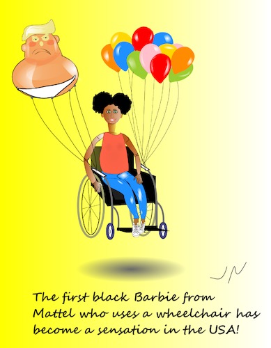 Cartoon: American Dream (medium) by Jochen N tagged baby,trump,barbie,rollstuhl,luftballons,schwarze,behindert,toleranz,gleichstellung,werte,diskriminierung,menschenrechte