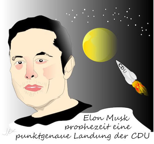 Cartoon: Elon Musk (medium) by Jochen N tagged rakete,mond,sterne,prognose,prophezeiung,punktgenau,landung,cdu,csu,wahlkampf,wahl,bundestagswahl,laschet,baerbock,scholz,merkel,bundeskanzler,puk