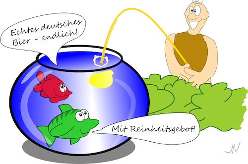 Cartoon: Endlich Bier (medium) by Jochen N tagged bier,glyphosat,aquarium,reinheitsgebot,fisch,fische,wasser,urin,pillern,pinkeln,busch,see,flosse