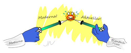 Cartoon: Impfstoff (medium) by Jochen N tagged biontech,pfizer,moderna,impf,zulassung,modern,aktuell,corona,pandemie,covid,19,lockdown,virus,viren,krank,ansteckung,maske,duell,fechten,florett,degen,panik