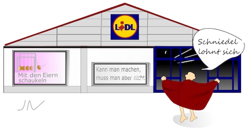 Cartoon: Lidl (medium) by Jochen N tagged supermarkt,discounter,lebensmittel,kunde,eier,schaukeln,exhibitionist,werbung,werbespruch,plakat,schniedel