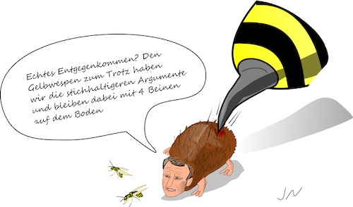Cartoon: Macron (medium) by Jochen N tagged macron,gelbwesten,frankreich,europawahl,proteste,wespen,wespenstich,igel,stachel,boden,stichhaltig