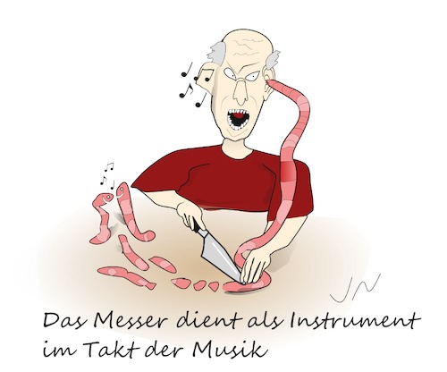Cartoon: Ohrwurm (medium) by Jochen N tagged musik,lied,song,wurm,regenwurm,insekt,tier,messer,instrument,musikinstrument,klang,schneiden,zerlegen