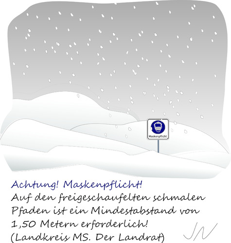 Cartoon: Schneechaos (medium) by Jochen N tagged schnee,schneefall,münster,schmal,pfad,weg,schild,maske,verbot,abstand,landrat,chaos,eis,glatteis,corona,pandemie,covid,19,virus,lockdown