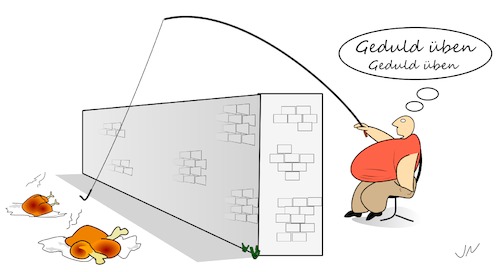 Cartoon: Verzicht üben (medium) by Jochen N tagged verzicht,üben,übung,geduld,diät,festmahl,hunger,dick,fett,übergewicht,abnehmen,ernährung,hähnchen,mauer,angeln,angel