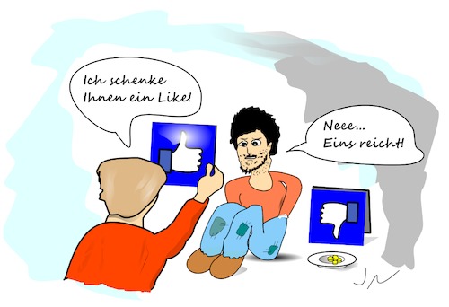 Cartoon: Zweckentfremdet (medium) by Jochen N tagged bettler,betteln,penner,like,likes,dislike,schenkung,geschenk,teller,armut,obdachlos,mitleid,hinweis,facebook