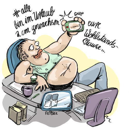 Cartoon: influencer (medium) by REIBEL tagged influencer,selfie,post,tweet,follower,instagram,foto,bauch,fett,influencer,selfie,post,tweet,follower,instagram,foto,bauch,fett