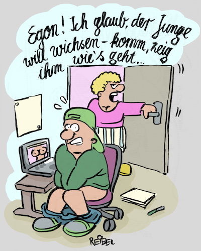 Cartoon: Jugend forscht (medium) by REIBEL tagged erziehung,onanie,mutter,sohn,computer,xxx,pornosite,website,selbstbefriedigung,peinlich,kinderzimmer,überraschen