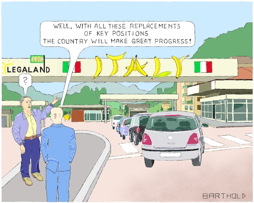 Cartoon: Arrivederci Elite (medium) by Barthold tagged italy,lega,nord,m5s,replacement,experienced,experts,populist,agenda,central,bank,unesco,stock,exchange,regulation,authority,agency,consob,border,crossing,queue,cars,douane,custom,office,banana,republic,legaland,luigi,di,maio,matteo,salvini